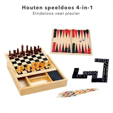 Cheqo® 4-in-1 Spellendoos - Spellenset - Bordspellen - Bordspel Set - Backgammon - Mikado - Domino - Schaken - Hout - 17x17x3cm Bordspellen