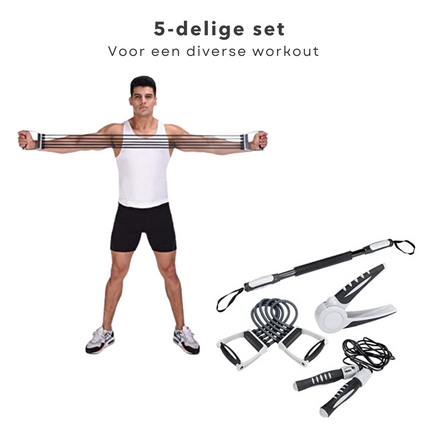 Cheqo® 5-in-1 Fitness Set - Thuis Sporten - Thuis Fitness - Springtouw met Teller - Instelbare Chest Expander - 2 Handtrainers - Power Twister - Home Gym - Conditie - Crossfit Fitnessmaterialen