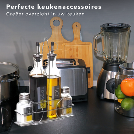 Cheqo® Azijnstel - Peper en Zout Set - Oliefles - Azijnfles - RVS - Met Houder - Kruidenrek Kruidenrek