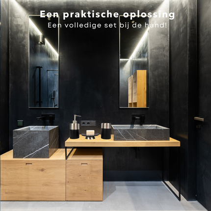 Cheqo® RVS Badset - Zeepdispenser - Wattenschijfjeshouder - Tandenborstelhouder - Zeepbakje - 3 Delig - Zwart Badset