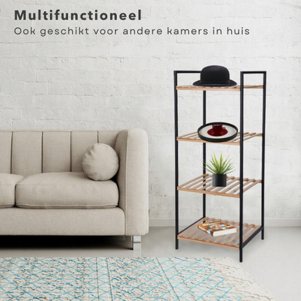 Cheqo® Stevig Badkamerrek - Badkamer Rek - Opbergrek - Badkamerkast - Met 4 Etages - Bamboe Badkamerkast