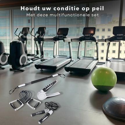 Cheqo® 5-in-1 Fitness Set - Thuis Sporten - Thuis Fitness - Springtouw met Teller - Instelbare Chest Expander - 2 Handtrainers - Power Twister - Home Gym - Conditie - Crossfit Fitnessmaterialen