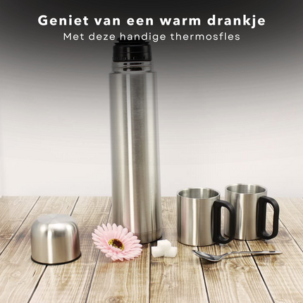Cheqo® Isolatiekan 1L met 2 Bekers - 1000ml - Thermoskan - Isolatiefles - Drinkfles Vacuüm Geïsoleerd - BPA-Vrij Isolatiefles