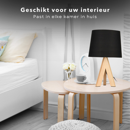 Cheqo® Luxe Tafellamp met Houten Poten - Bedlamp - Lamp - Sfeerverlichting - Ronde Kap - ø18cm - 29cm Hoog - Adapter - Zwarte Kap Tafellamp