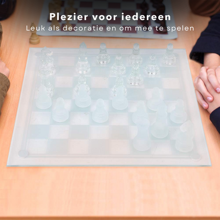 Cheqo® 3-in-1 Glazen Bordspel Set - Schaken - Checkers - Backgommen - Schaken - Met Accessoires - 35x35cm Bordspellen