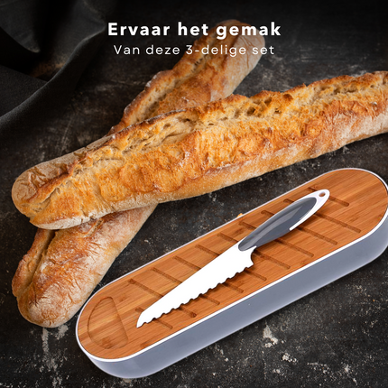 Cheqo® Stokbrood Snijplank met Broodmes - Stokbroodsnijder met Broodtrommel - Stokbrood Snijden - Snijder - Grijs - Kartelmes 15cm Lang - 40x12.5x8.5cm Snijplank
