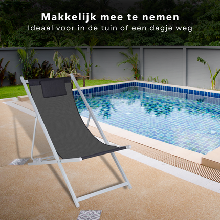 Cheqo® Ligstoel met Kussen - Strandstoel - Tuinstoel - Wit Aluminium Frame - Grijs/Zwart Doek - Inklapbaar - Verstelbaar - 101x61x91cm - Gewicht 3.8kg - Wit Frame Campingstoel