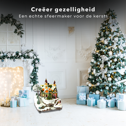 Cheqo® Kerstdorp met Rivier - Kersttafereel - Kerstdecoratie - Met LED Licht en Draaiende Kerstboom Kerstdorp