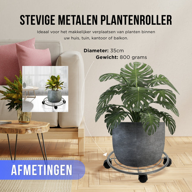 Cheqo® Plantenroller op Wieltjes - Stevig Metaal - Plantentrolley - 35cm Plantenroller