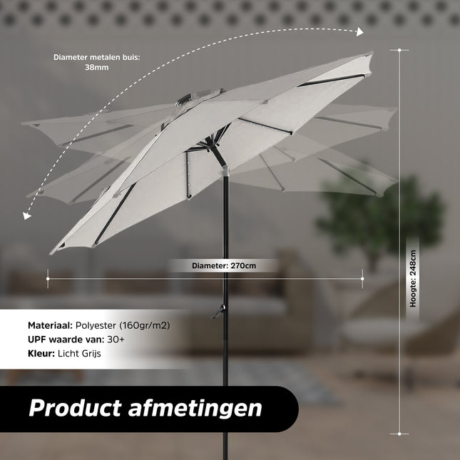 Cheqo® Luxe Parasol met LED-verlichting - Tuinparasol met Licht - 270cm - Lichtgrijs Parasols & Rain Umbrellas