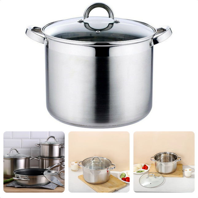 Cheqo® Soeppan XXL - Kookpan - RVS - 15L - 30cm Diameter - 23cm Hoogte - Transparant Deksel - Maatverdeling - Alle Warmtebronnen - Ook Geschikt voor Inductie Soeppannen
