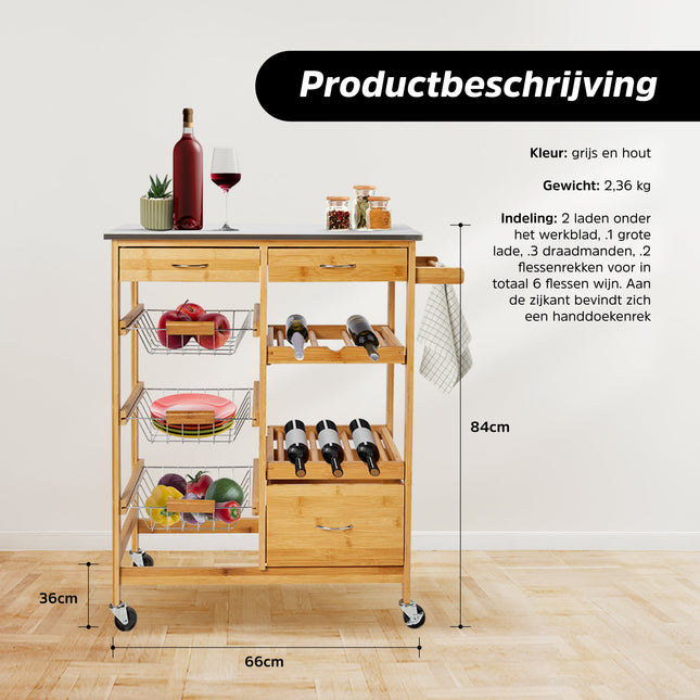 Cheqo® Luxe Keukentrolley - Serveerwagen - Keukenrek Verrijdbaar - Stevige Wieltjes - 66x36x84cm Keukentrolley