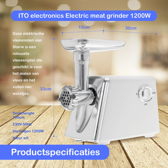 Cheqo® Elektrische Gehaktmolen met Worstenmaker - Vleesmolen - RVS - 1200W Gehaktmolen