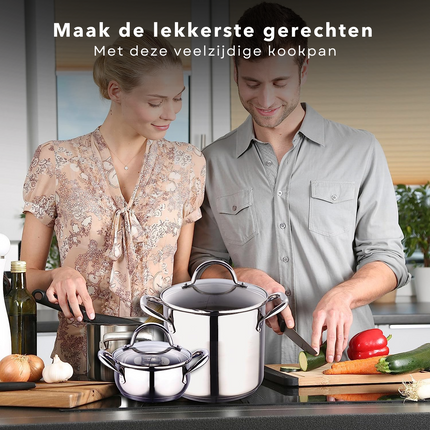 Cheqo® Kookpan 16cm - 1.7L - RVS 18/10 - Glazen Deksel - Maatverdeling - Energiebesparende Bodem - Voor Alle Warmtebronnen Inclusief Inductie - Vaatwasmachine-bestendig Kookpan