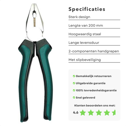 Cheqo® Combinatietang 200mm - Hoogwaardig Staal - Matverchroomd - 2-Componenten Grepen - Afglijdbeveiliging Combinatietang