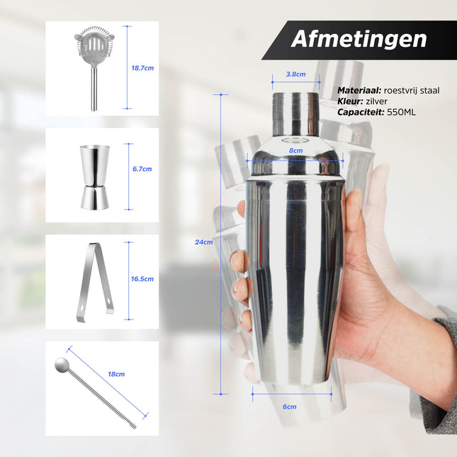 Cheqo® Luxe Cocktail Shaker Set - Cocktailset - Cocktails Maken - RVS - 5 delig Cocktailset