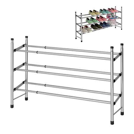 Cheqo® Stevige Schoenenrek Uitschuifbaar - Opbergrek - Schoenen Rek - Opbergsysteem - 61 tot 115 cm - 3 laags Schoenenrek