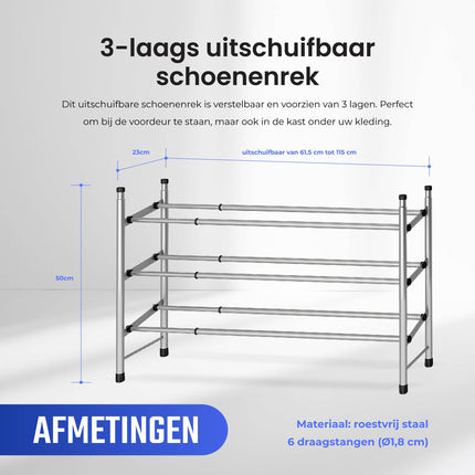 Cheqo® Stevige Schoenenrek Uitschuifbaar - Opbergrek - Schoenen Rek - Opbergsysteem - 61 tot 115 cm - 3 laags Schoenenrek
