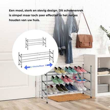 Cheqo® Stevige Schoenenrek Uitschuifbaar - Opbergrek - Schoenen Rek - Opbergsysteem - 61 tot 115 cm - 3 laags Schoenenrek