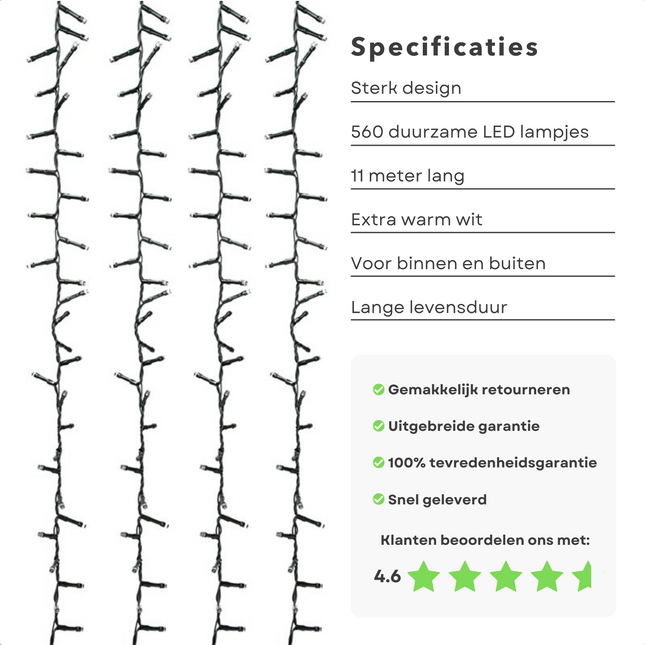 Cheqo® Kerstboomverlichting - Micro Clusterverlichting - Kerstlampjes - Led Verlichting - Kerstverlichting voor Binnen en Buiten - 560 LED's - 11 Meter - Extra Warm Wit Clusterverlichting