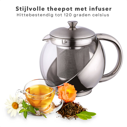 Cheqo® Theepot met Filter - Theekan - Thee Infuser - 0.75L - Roestvrijstaal - 750ml - Hittebestendig tot 120°C - Glanzende Finish Theepot