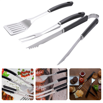Cheqo® BBQ Gereedschapset - Barbecueset - BBQ Grill Accessoires Set - Tang, Spatel & Vork - BBQ Tang - BBQ Spatel - BBQ Vork - Gemaakt van RVS - 395mm, 425mm & 420mm Barbecuegerei-sets