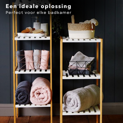 Cheqo® Badkamer Rek - Hoog Badkamerrek - 3 laags - Opbergrek - Bamboe en MDF - Badkamerkast - Badkamermeubel - Handdoeken Badkamerkast