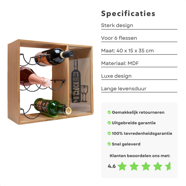 Cheqo® Wijnrek - Wijnkastje van MDF - Ruimte voor 6 wijnflessen - 40 x 35 x 15 cm - Flessenhouder - Wijnfles - Wijnflessenhouder - Voor Keuken - Bar - Eetkamer - Kelder - Flessenrek  - Metaal wijnrekken