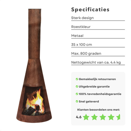 Cheqo® Terrashaard - Houtkachel - Tuinhaard - Terrasverwarming - Vuurkorf - Roestbruin - 100cm Hoog - 35cm Breed Tuinhaard