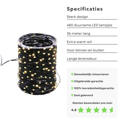 Cheqo® Draadverlichting - Kerstverlichting - Kerstlampjes - Kerstboomverlichting -  Lampjes Slinger - Lichtsnoer - LED Lampjes voor Binnen en Buiten - 36 Meter - 480 LED - Extra Warm Wit Kerstboomverlichting