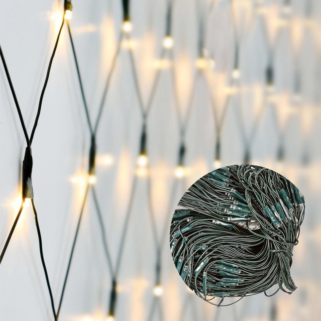 Cheqo® Netverlichting - Netverlichting - Kerstverlichting - Lichtnetten - Lichtgordijn - Tuinverlichting - Boomverlichting - 160 LED - 200x100 cm - Warm Wit met Groen Snoer Lichtnet